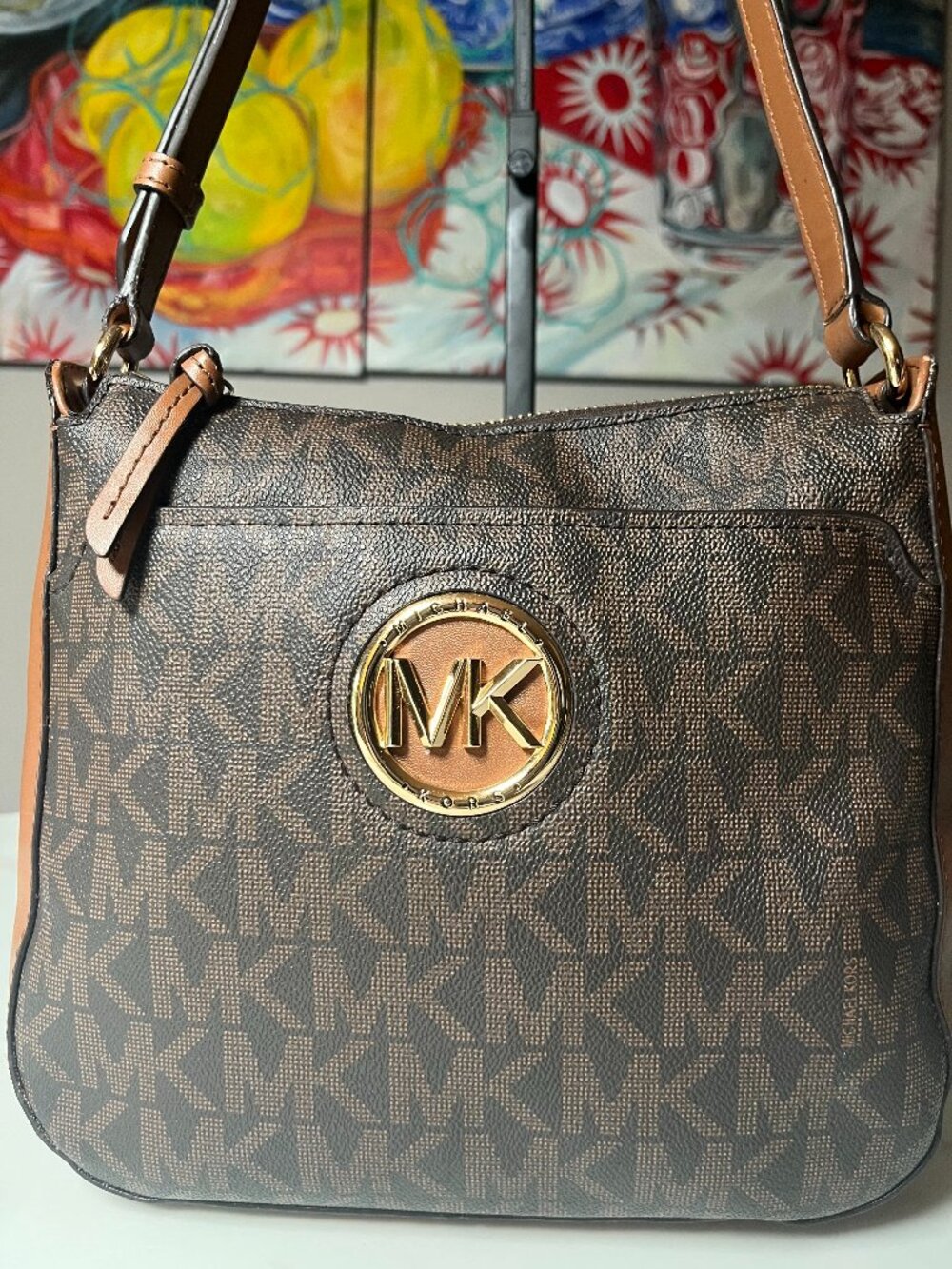 Michael Kors Signature MK Logo Shoulder Bag Brown Tan Leather - Like New - Picture 2 of 13